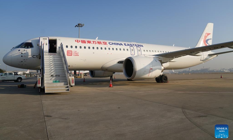 This photo taken on Jan. 9, 2023 shows a C919 large passenger aircraft, China's first homegrown large jetliner, at Hongqiao International Airport in east China's Shanghai. The world's first C919 aircraft began its 100-hour aircraft validation flight process on Dec. 26, 2022 after it was delivered to China Eastern Airlines on Dec. 9, 2022.(Photo: Xinhua)