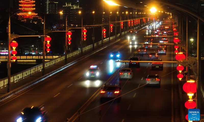 This aerial photo taken on Jan. 17, 2023 shows the night view near Huanghelou, or Yellow Crane Tower, in Wuhan, central China's Hubei Province. This year's Spring Festival, or the Chinese New Year, falls on Jan. 22.(Photo: Xinhua)