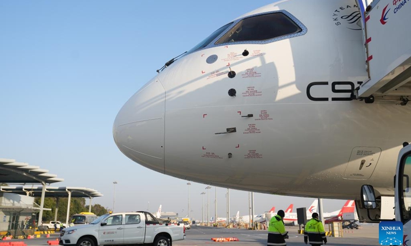 This photo taken on Jan. 9, 2023 shows a C919 large passenger aircraft, China's first homegrown large jetliner, at Hongqiao International Airport in east China's Shanghai. The world's first C919 aircraft began its 100-hour aircraft validation flight process on Dec. 26, 2022 after it was delivered to China Eastern Airlines on Dec. 9, 2022.(Photo: Xinhua)