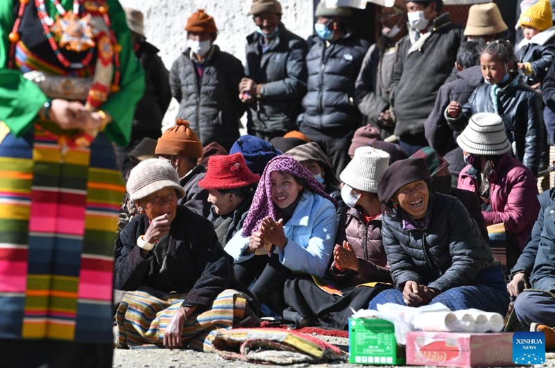 People watch a gala performance to celebrate Sonam Losar and the Spring Festival in Pucun Village, Mangpu Township of Xigaze, southwest China's Tibet Autonomous Region, Jan. 21, 2023. (Xinhua/Jigme Dorje)