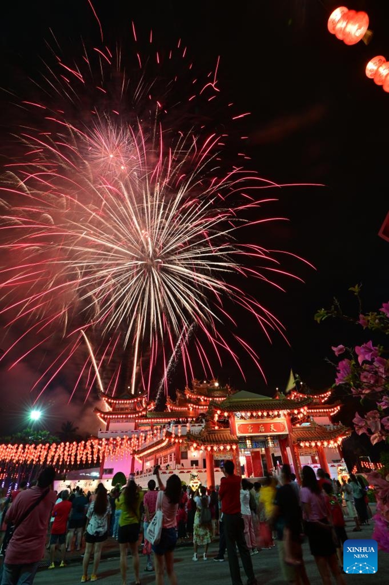 Fireworks spark over the Thean Hou Temple in celebration of the Chinese New Year in Kuala Lumpur, Malaysia, Jan. 22, 2023. (Photo by Chong Voon Chung/Xinhua)