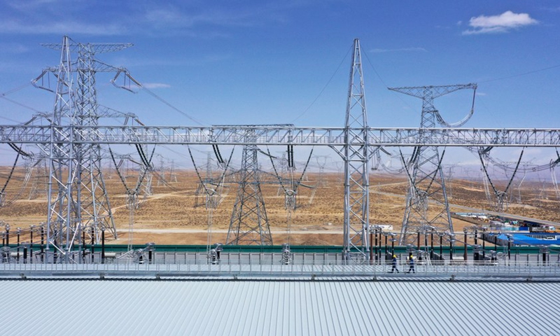 Aerial photo taken on April 16, 2021 shows an ultra-high voltage direct current converter station in northwest China's Qinghai Province. Photo: Xinhua