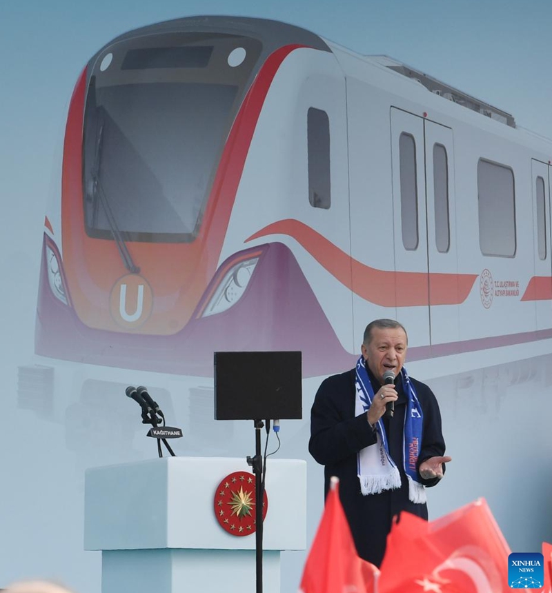 Turkish President Recep Tayyip Erdogan speaks during the opening ceremony of a new metro line connecting central Istanbul and the city's new international airport in Istanbul, Türkiye, Jan. 22, 2023. A new metro line connecting central Istanbul and the city's new international airport officially opened to the public on Sunday, featuring China-made automated driverless trains that could run up to 120 kilometers per hour. (Xinhua/Shadati)