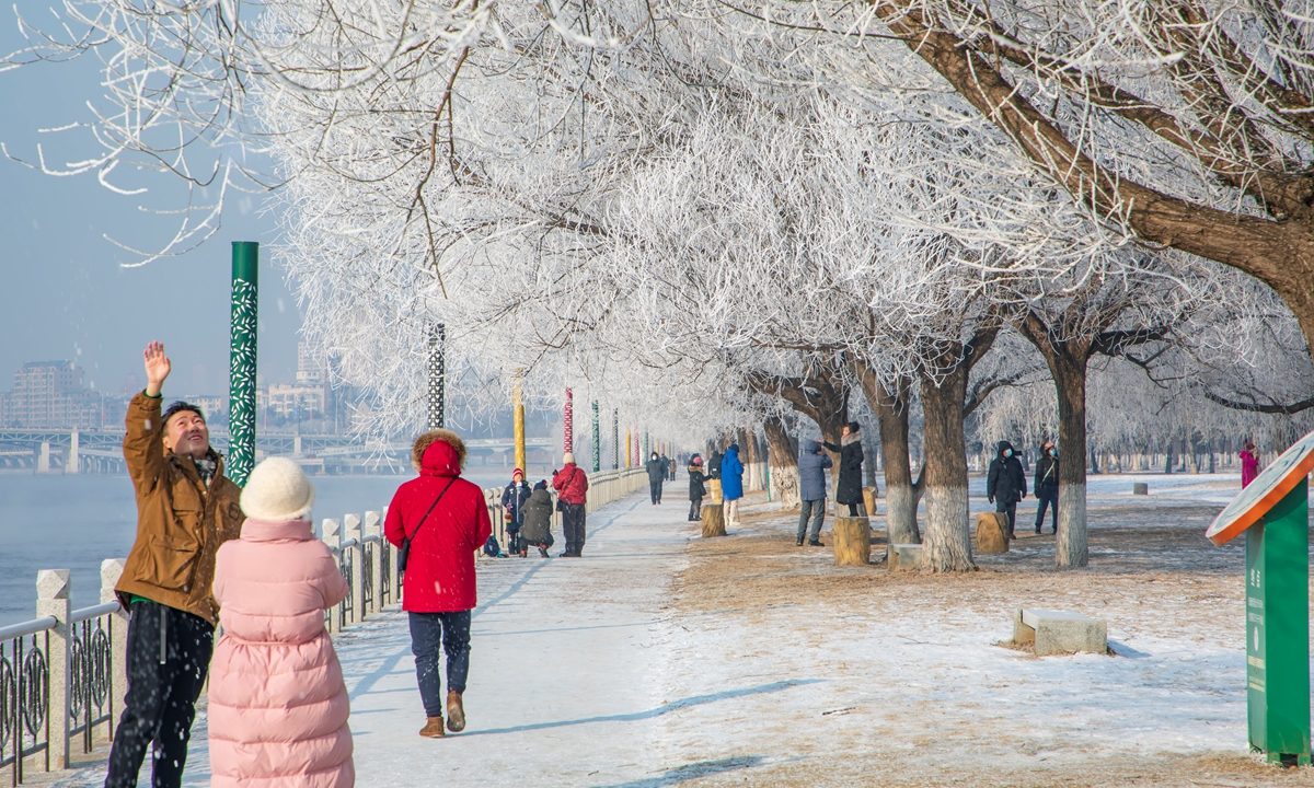 Residents enjoy themselves on the last day of Chinese New Year holiday as a rare landscape hard rime appears along the Songhua River in Jilin, Northeast China's Jilin Province on January 27, 2023. Photo: CFP