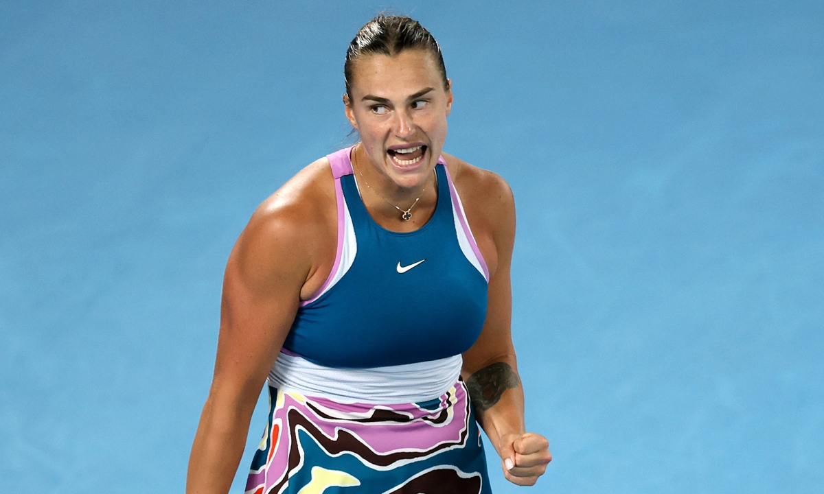 Aryna Sabalenka reacts in the semifinal singles match during Day 11 of the 2023 Australian Open in Melbourne, Australia on January 26, 2023. Photo: VCG