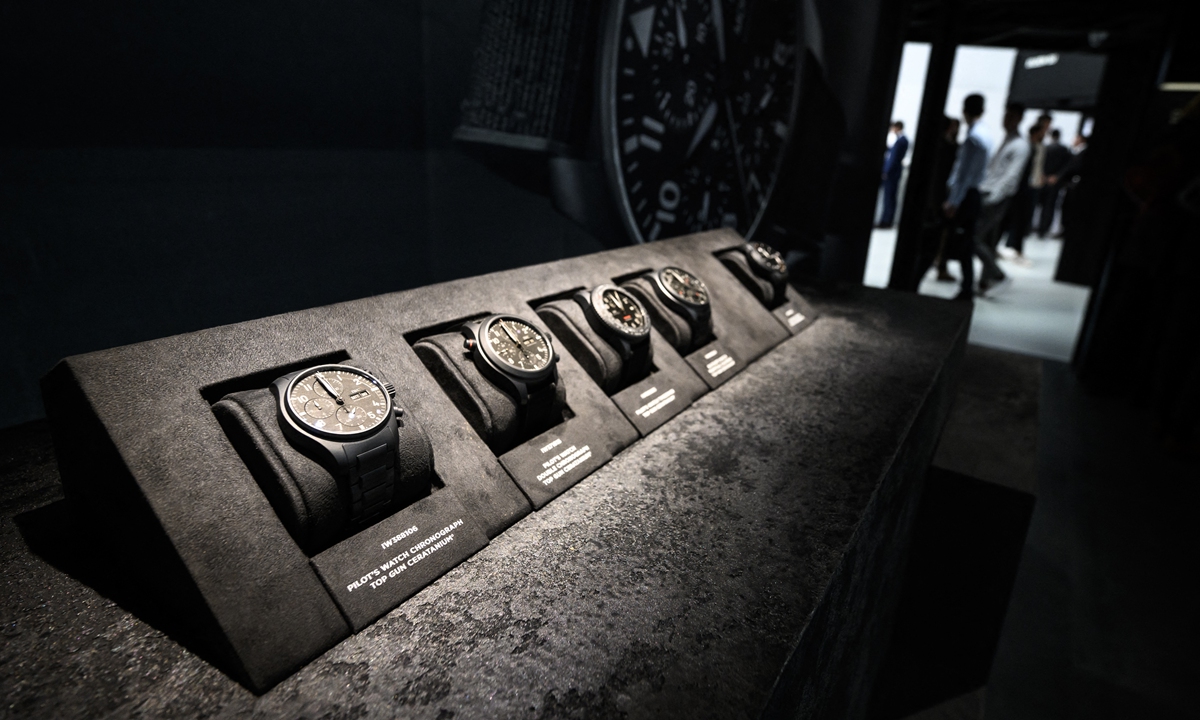 Watches made with titanium and ceramics are displayed at the booth of a luxury Swiss watch manufacturer in Geneva, Switzerland. File photo: AFP