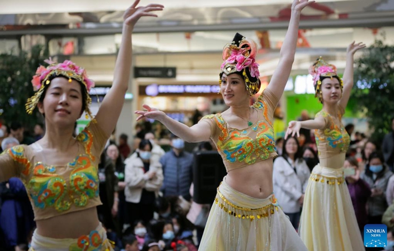 Dancers perform during the Chinese New Year celebration event at Lansdowne Centre in Richmond, British Columbia, Canada, Jan. 28, 2023. The event features a wide variety of cultural activities that allow the audience to experience the traditional culture of the Chinese New Year. (Photo by Liang Sen/Xinhua)
