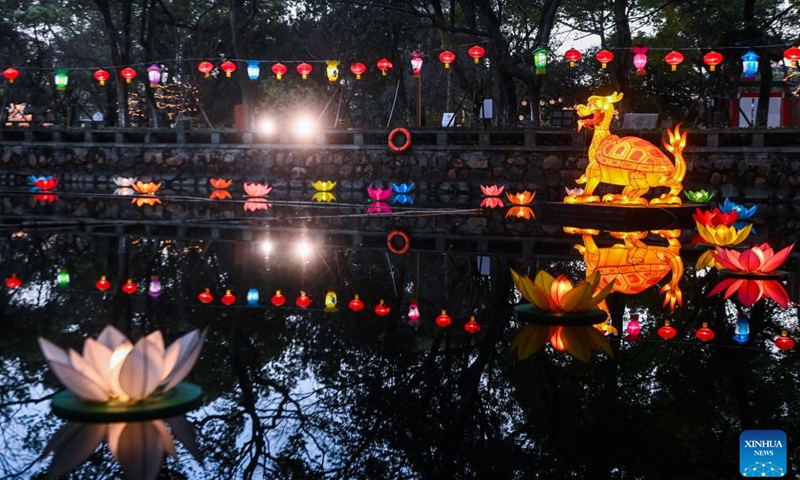 This photo taken on Jan. 29, 2023 shows lanterns at Aoshan Lantern Festival in Xincheng ancient town of Xiuzhou District in Jiaxing, east China's Zhejiang Province. The Aoshan Lantern Festival, which has a history of hundreds of years, kicked off here on Sunday.(Photo: Xinhua)