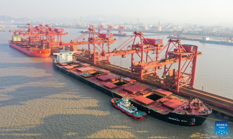 This aerial photo taken on Jan. 30, 2023 shows a view of the Ningbo-Zhoushan port in east China's Zhejiang Province.(Photo: Xinhua)