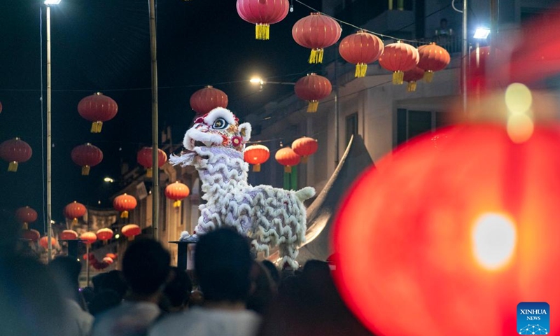 Artists perform lion dance at the Penang Chinese New Year Celebration in George Town, Penang, Malaysia, Jan. 28, 2023. (Photo: Xinhua)