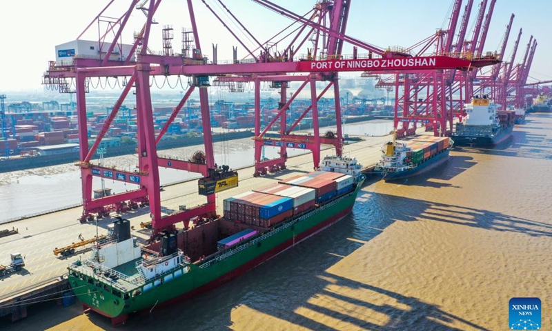This aerial photo taken on Jan. 30, 2023 shows a view of the Ningbo-Zhoushan port in east China's Zhejiang Province.(Photo: Xinhua)