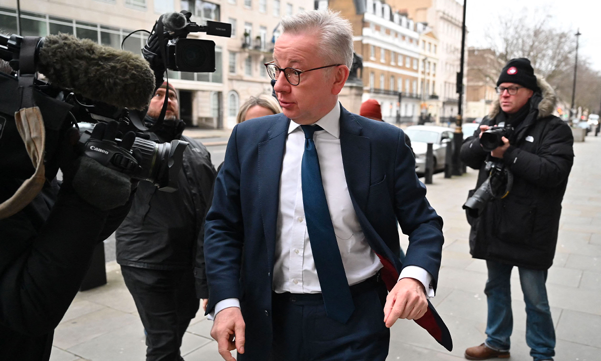 Michael Gove, Britain's secretary of state for levelling up, housing and communities and minister for
intergovernmental relations, arrives at the BBC studios in central London on January 29, 2023, to appear on the BBC's 'Sunday Morning' political television show. After British Prime Minister Rishi Sunak on Sunday fired Conservative party chairman Nadhim Zahawi, Michael Gove said he does not know when an investigation into Nadhim Zahawi's tax affairs will be concluded. Photo: VCG