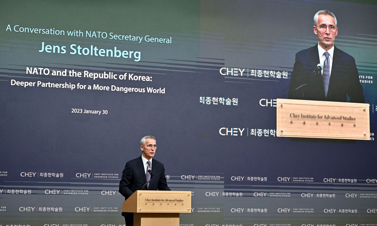 NATO Secretary General Jens Stoltenberg speaks during a conversation at Chey Institute in Seoul on January 30, 2023. Photo: AFP