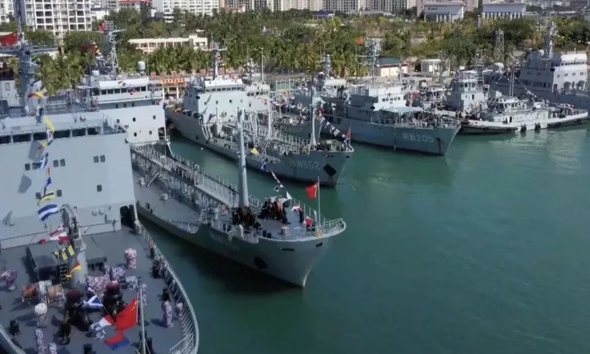 Auxiliary ships of the navy of the Chinese People's Liberation Army (PLA) Southern Theater Command are ported in an undisclosed naval base in January 2023. Photo: Screenshot from China Central Television