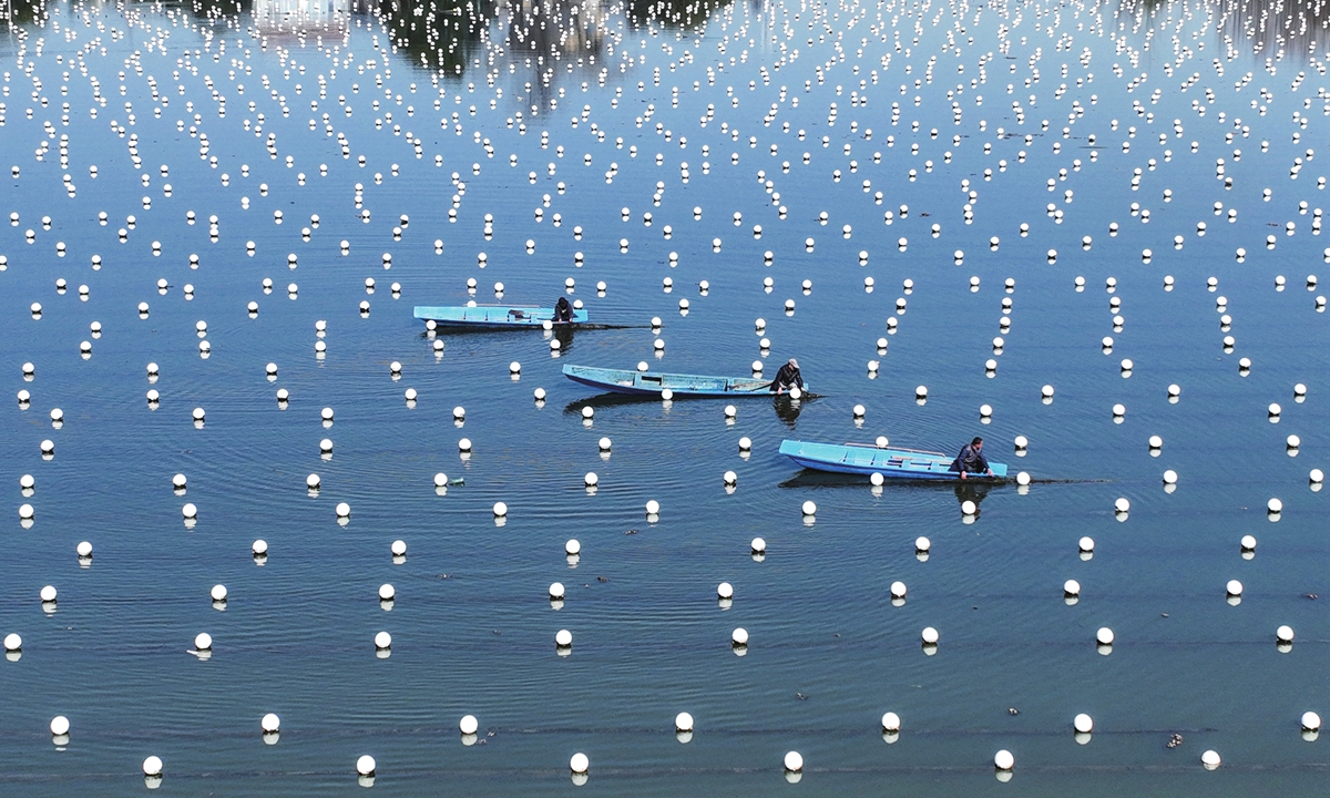 Farmers work on the water in an ecological culture base in Huzhou, East China's Zhejiang Province on January 31, 2023. After the Spring Festival, the local pearl farmers have seized the farming season to cultivate pearl mussels, from which they'll harvest high-quality pearls. Photo: cnsphoto