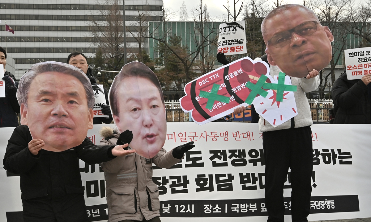 Anti-war activists perform during a rally against the visit of Lloyd Austin in front of the Defense Ministry in Seoul on January 31, 2023.