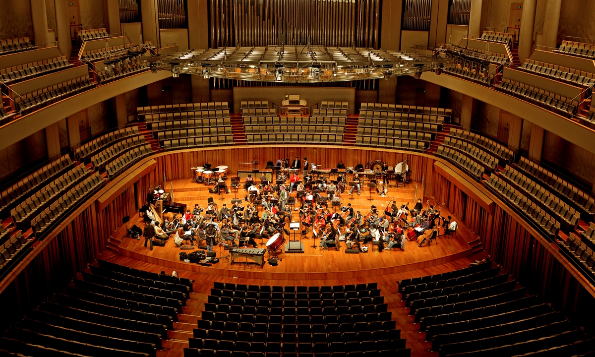 A symphony orchestra performs inside the National Centre for the Performing Arts in Beijing. Photo: VCG