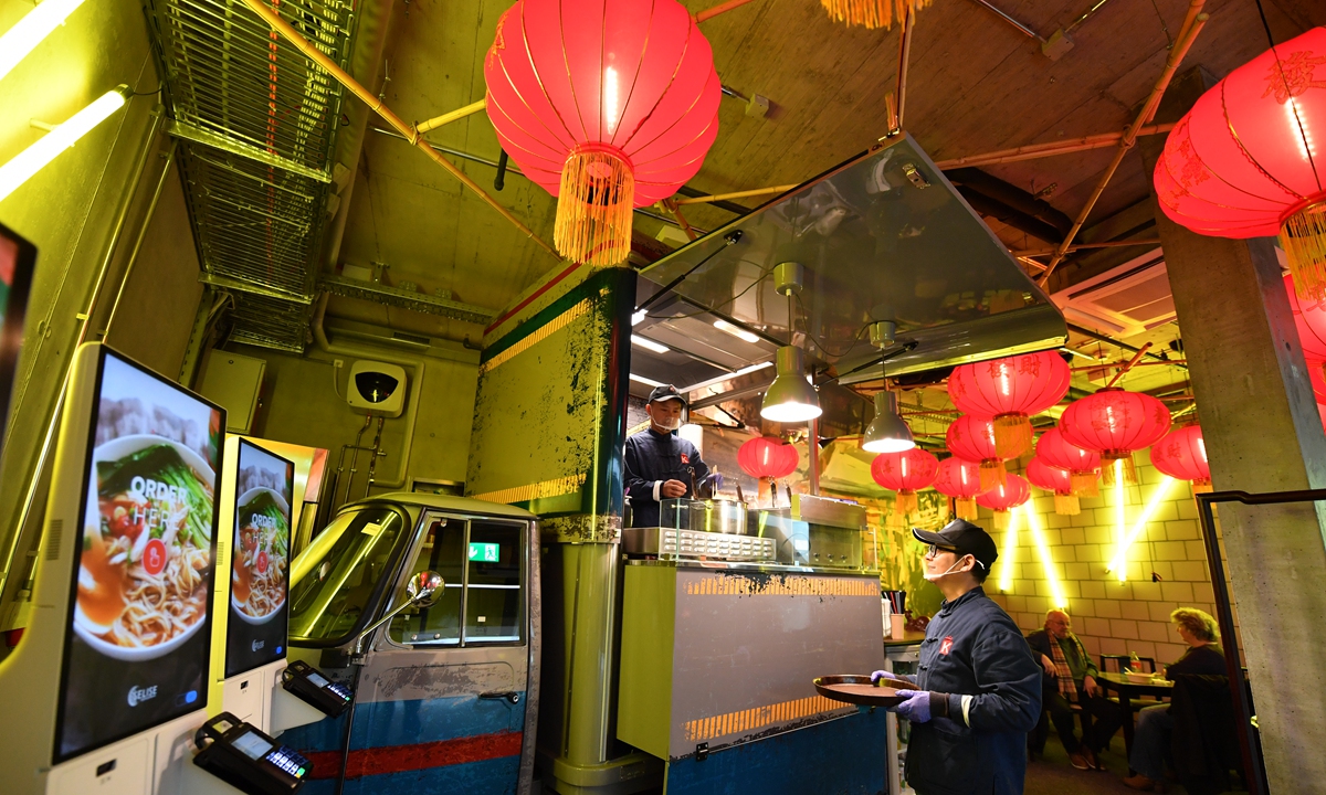 A new noodle restaurant in the Jungfrau region of Switzerland is decorated with traditional Chinese red lanterns in January 2023. Photo: Xinhua