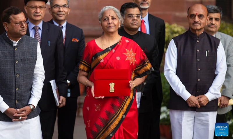 India's Finance Minister Nirmala Sitharaman (C, front) prepares to present the country's General Budget for the 2023-24 fiscal year to the parliament in New Delhi, India, Feb. 1, 2023.(Photo: Xinhua)
