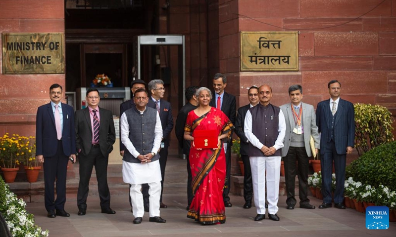 India's Finance Minister Nirmala Sitharaman (C, front) prepares to present the country's General Budget for the 2023-24 fiscal year to the parliament in New Delhi, India, Feb. 1, 2023.(Photo: Xinhua)