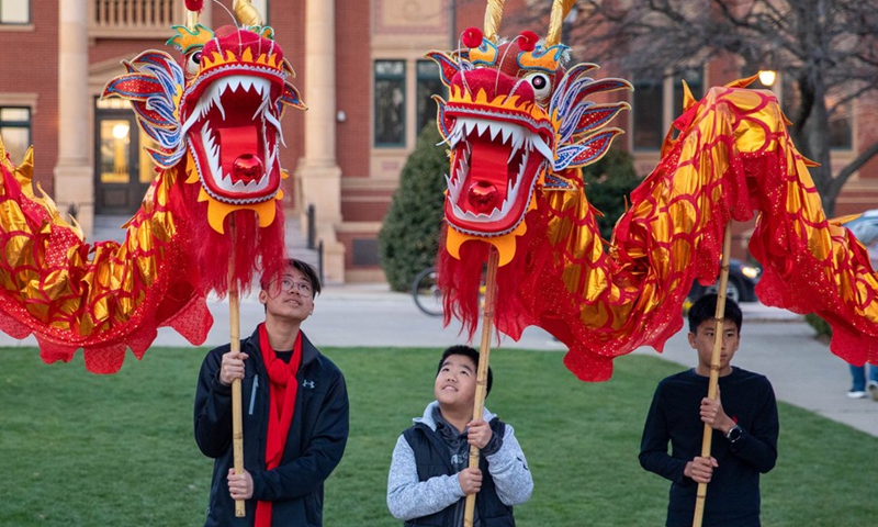 People perform drangon dance during an event celebrating the Lantern Festival in Southlake, Texas, the United States, Feb. 4, 2023.(Photo: Xinhua)