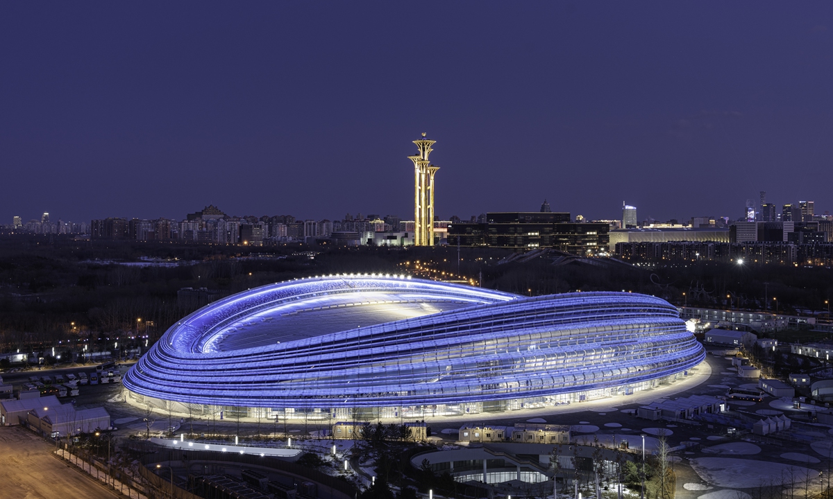 A view outside the National Speed Skating Oval, also known as the Ice Ribbon, the venue for speed skating events at the 2022 Beijing Winter Olympics Photo: VCG