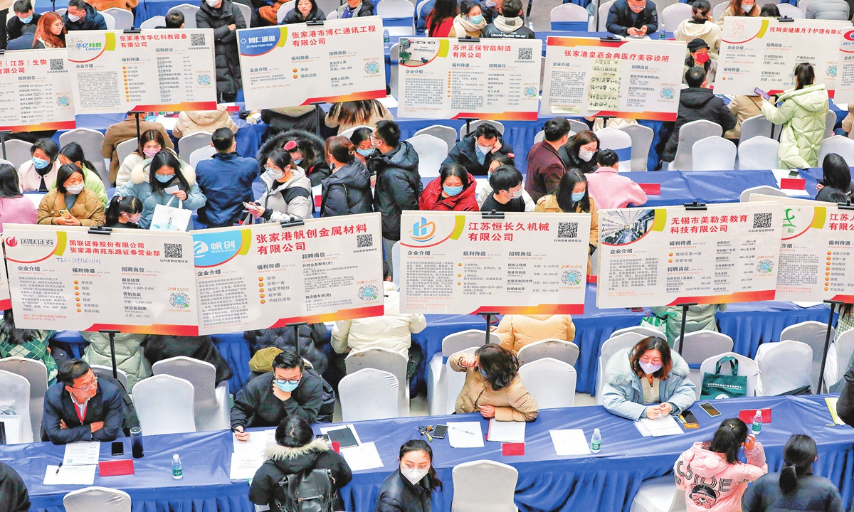 Job applicants search for positions at a spring job fair in Zhangjiagang, East China's Jiangsu Province on February 5, 2023. More than 100 local enterprises are offering 1,500 positions. Official data showed that 11.58 million graduates are expected to enter the job market in 2023, an increase of 820,000 people from 2022. Photo:cnsphoto
