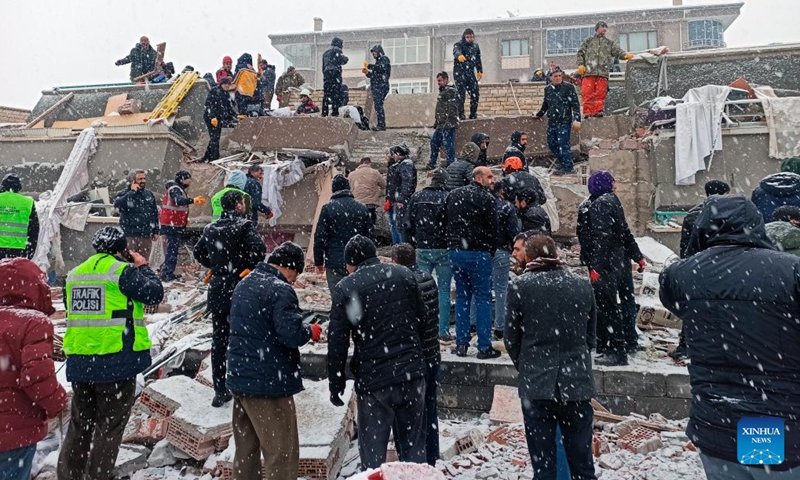 People check damaged buildings after the earthquakes in Malatya, Türkiye, on Feb. 6, 2023. At least 284 people were killed and 2,323 others injured after two strong earthquakes jolted Türkiye early Monday and damaged more than 1,700 buildings, Turkish Vice President Fuat Oktay said. (Photo by Mustafa Kaya/Xinhua)