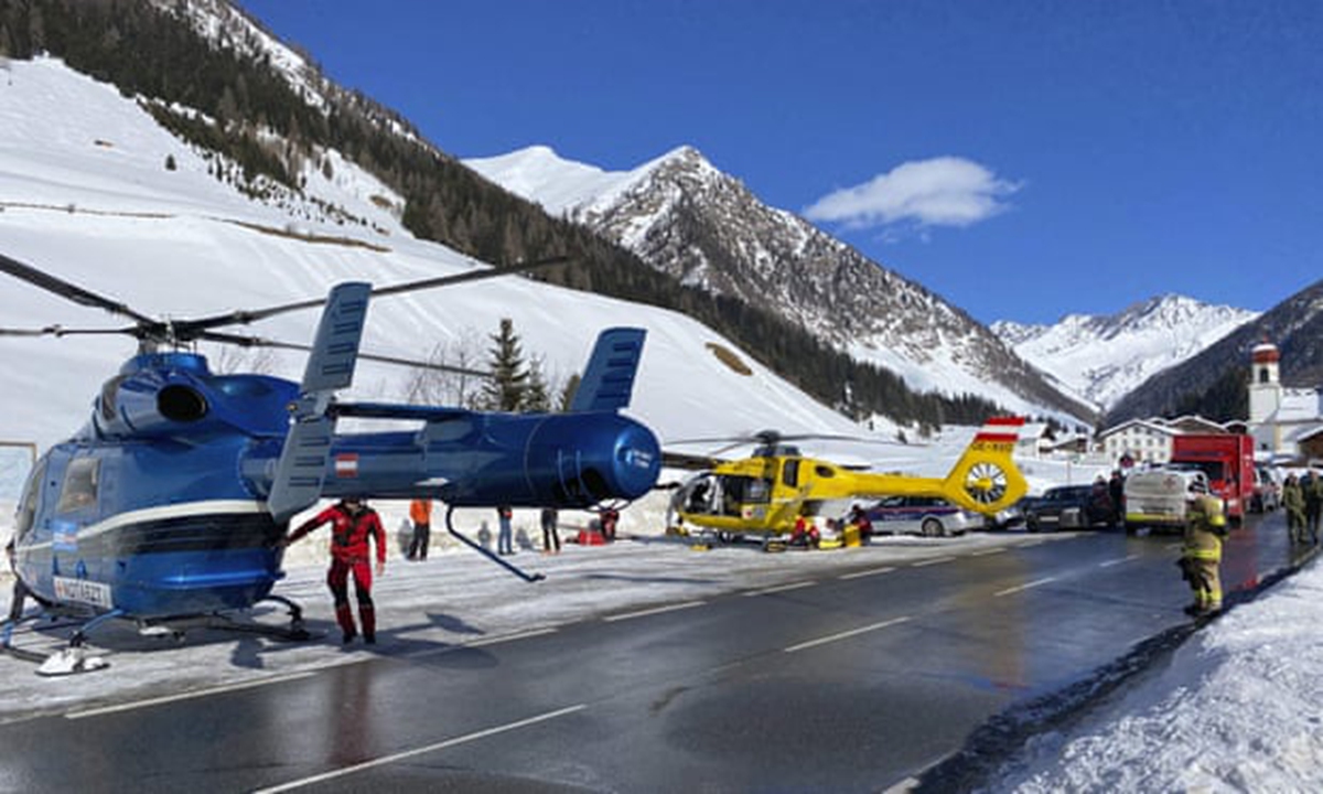 Rescue helicopters stand on a street near the Gammerspitze summit in Tyrol, Austria after an avalanche killed a 58-year-old local man on Saturday. Photograph: ZEITUNGSFOTO.AT/APA/AFP/Getty Images