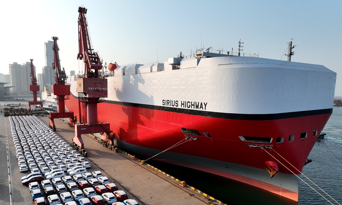 Automobiles are ready to be exported from the Lianyungang Port, East China's Jiangsu Province, on March 6, 2023. Cars exported from the port reached a record 23,000 in February and goods handled by the port increased 6.1 percent year-on-year. Photo: IC