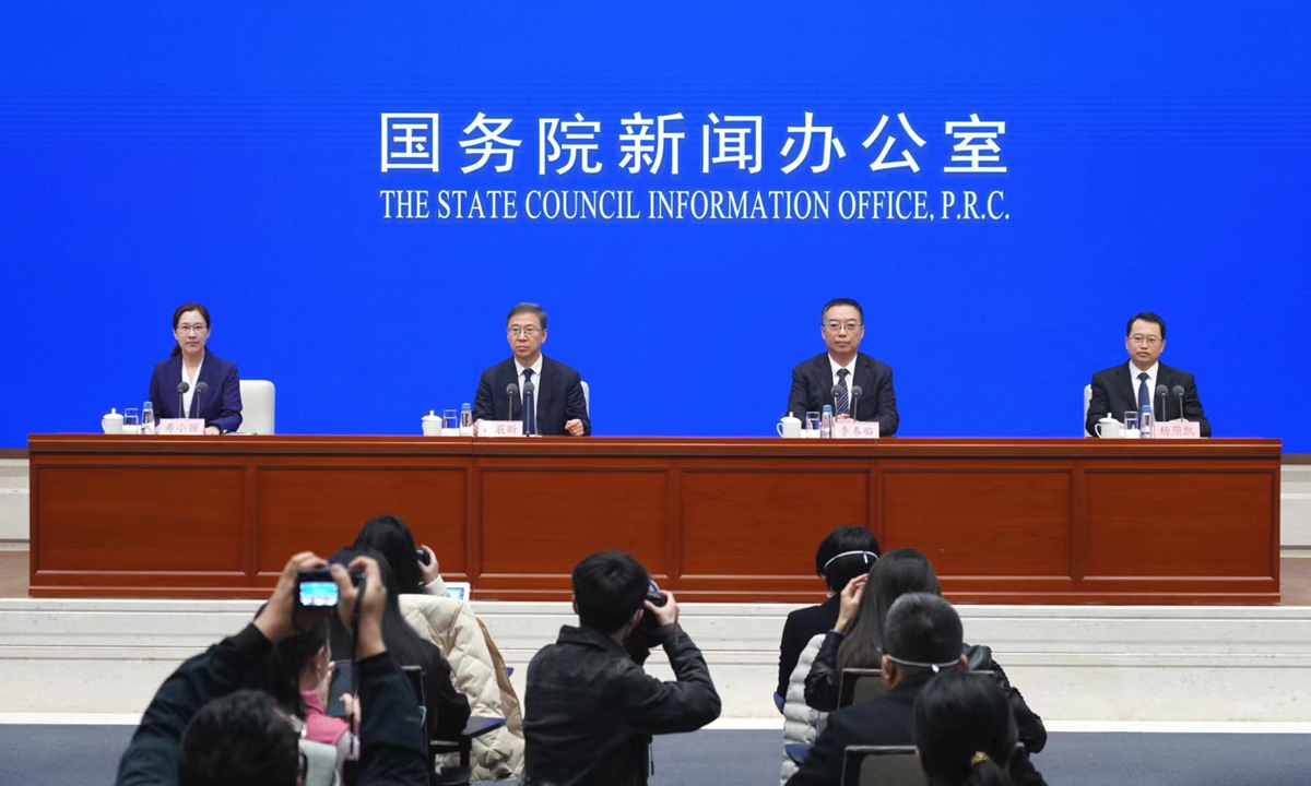 Officials from the National Development and Reform Commission (NDRC), China's top economic planning agency, elaborate on China's high-quality development at a press conference on March 6, 2023 in Beijing. Photo: VCG