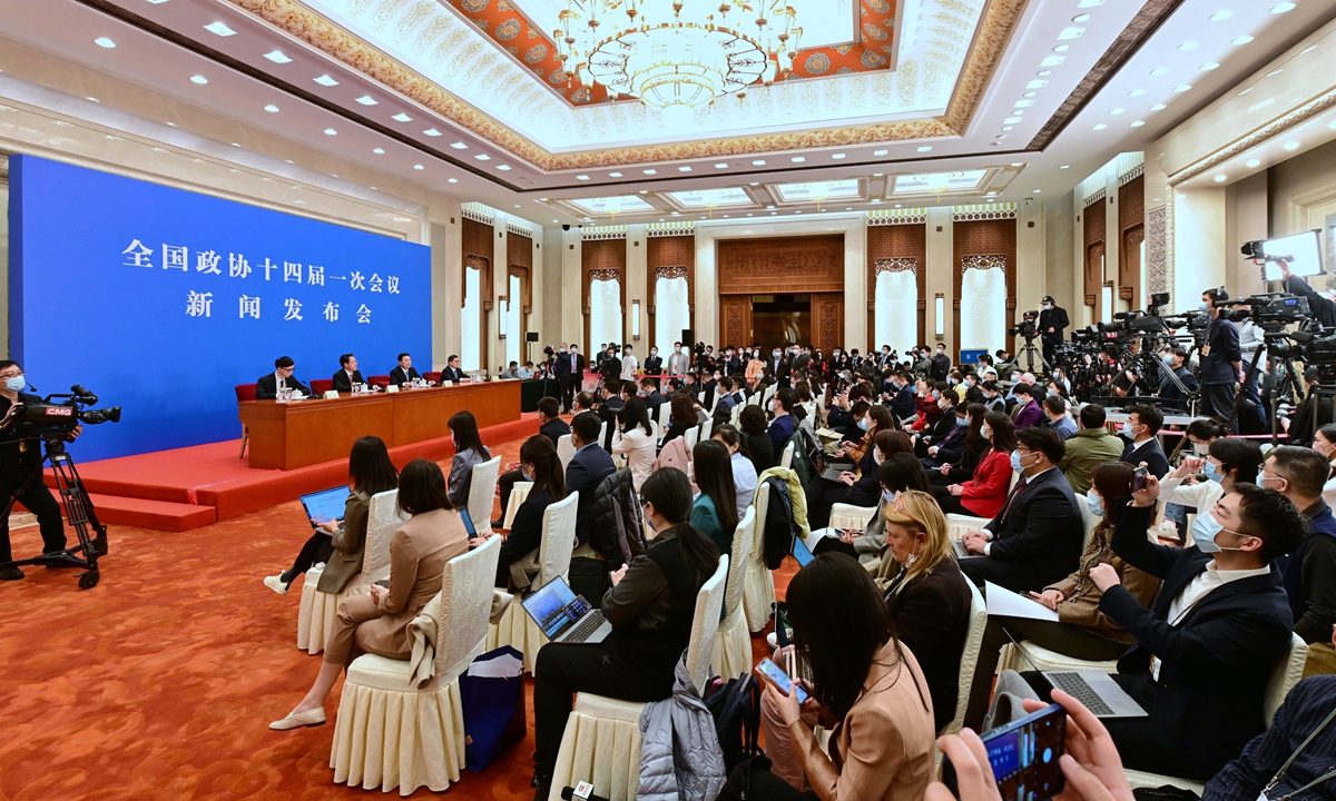 Guo Weimin, spokesperson for the first session of the 14th Chinese People's Political Consultative Conference (CPPCC) National Committee, introduces session schedule and takes questions at a press conference on March 3, 2023 in Beijing, ahead of the two sessions. The first session of the 14th CPPCC National Committee is scheduled to open on March 4. Photo: VCG