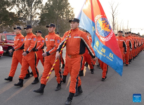 Members of a Chinese rescue team are seen before departing for Türkiye at Beijing Capital International Airport in Beijing, capital of China, Feb. 7, 2023. A Chinese rescue team departed from Beijing for Türkiye on a chartered plane on Tuesday afternoon to join earthquake relief efforts in the country. The 82-member team was dispatched by the Ministry of Emergency Management, at the request of the Turkish government.(Photo: Xinhua)
