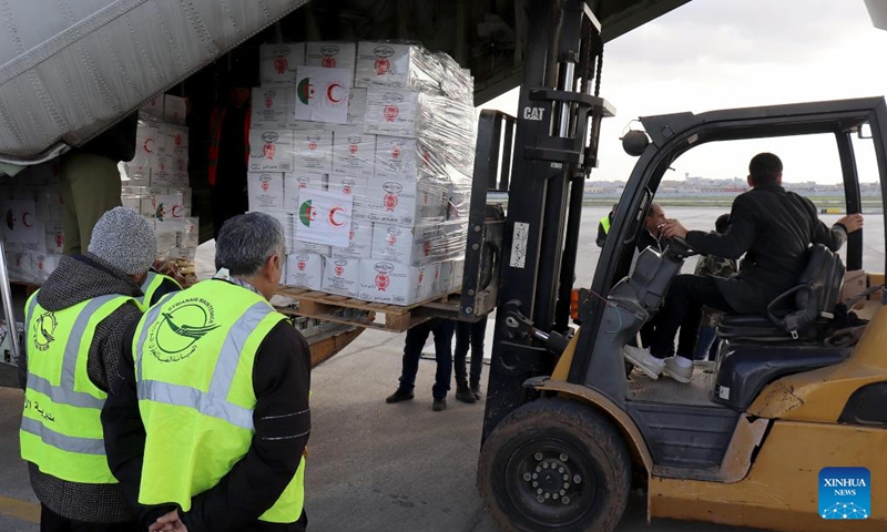 Humanitarian aid supplies from Algeria are unloaded at the international airport in Aleppo, northern Syria, on Feb. 7, 2023. Photo: Xinhua