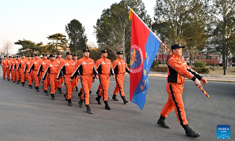 Members of a Chinese rescue team are seen before departing for Türkiye at Beijing Capital International Airport in Beijing, capital of China, Feb. 7, 2023. A Chinese rescue team departed from Beijing for Türkiye on a chartered plane on Tuesday afternoon to join earthquake relief efforts in the country. The 82-member team was dispatched by the Ministry of Emergency Management, at the request of the Turkish government.(Photo: Xinhua)