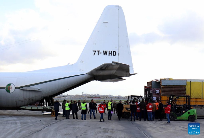 Humanitarian aid supplies from Algeria are unloaded at the international airport in Aleppo, northern Syria, on Feb. 7, 2023. Photo: Xinhua