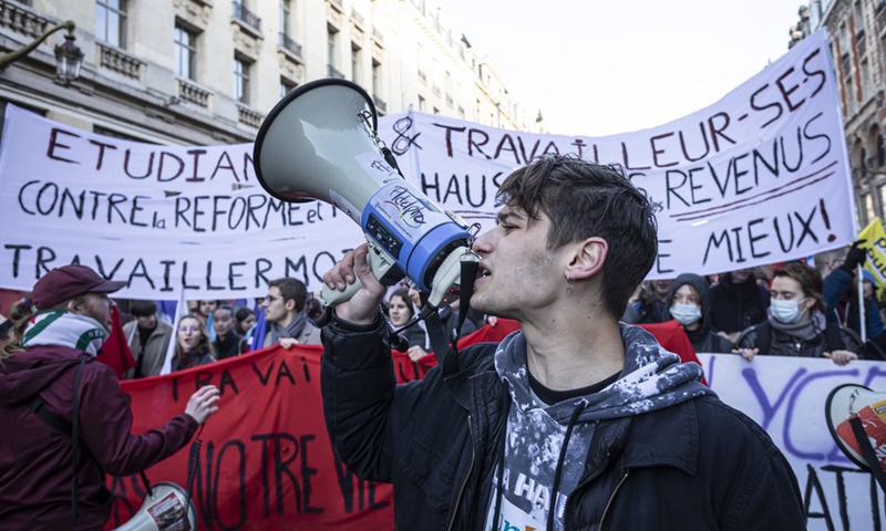 People participate in a protest against the government's controversial pension reform plan in Paris, France, on Jan. 31, 2023.(Photo: Xinhua)