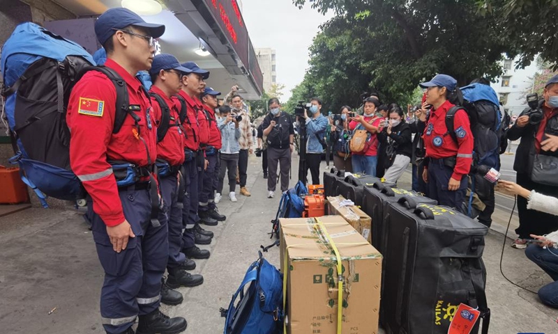 Rescuers of Shenzhen Rescue Volunteers Federation prepare to depart in Shenzhen, south China's Guangdong Province, Feb. 8, 2023. An advance team with 6 members carrying detection and team support equipments from Shenzhen Rescue Volunteers Federation headed for Türkiye via Hong Kong on Wednesday to participate in earthquake relief efforts there.(Photo: Xinhua)