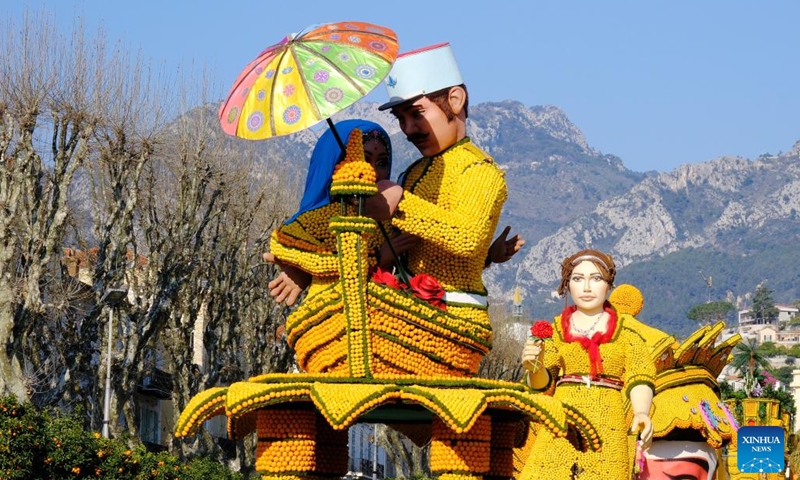 Installations decorated with lemons and oranges are seen during preparations for the Lemon festival themed Rock and Opera in Menton, France, on Feb. 9, 2023. The 2023 Menton Lemon festival will be held from Feb. 11 to Feb. 26.(Photo: Xinhua)