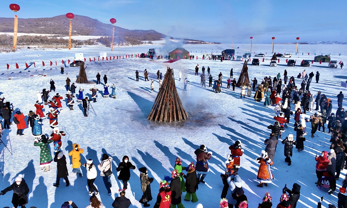 People celebrate Hulun Buir's first ice and snow sports tourism season in North China's Inner Mongolia Autonomous Region in January. Photo: Courtesy of the culture and tourism bureau of Morin Dawa Daur Autonomous Banner