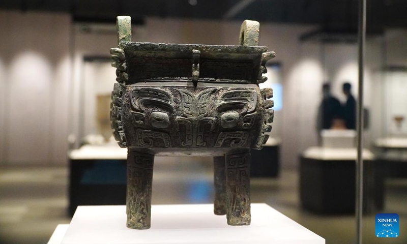 This photo taken on Feb. 9, 2023 shows a bronze ware from the Shang Dynasty (1600-1046 B.C.) at a Shandong cultural relics exhibition held at Confucius Museum in Qufu, east China's Shandong Province. The exhibition displayed more than 100 cultural relics, mainly including bronze wares, pottery wares and jade wares, from 10 cultural institutions in Shandong Province.(Photo: Xinhua)