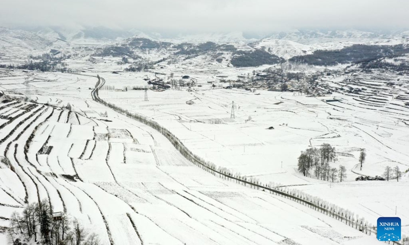 This aerial photo taken on Feb. 8, 2023 shows the snow scenery in Minxian County in Dingxi City, northwest China's Gansu Province.(Photo: Xinhua)