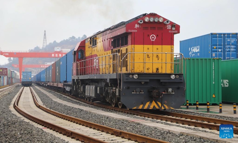 A China-Europe freight train leaves Dulaying Station in Guiyang, southwest China's Guizhou Province, on Feb. 9, 2023. More than 35,000 tonnes of goods has been sent through China-Europe freight train service in Guizhou since its operation on Nov. 18, 2021.(Photo: Xinhua)