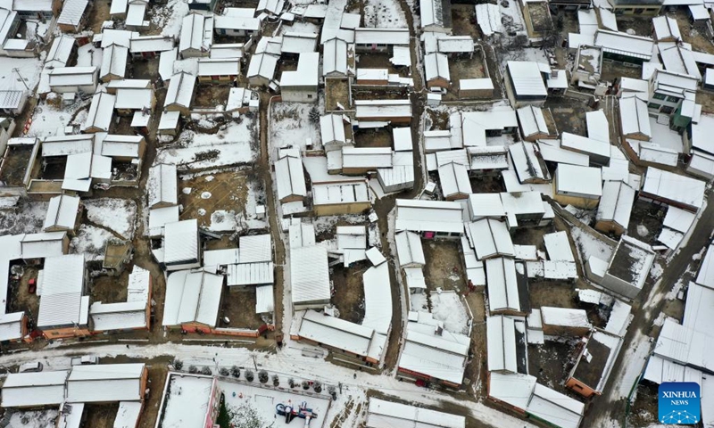 This aerial photo taken on Feb. 8, 2023 shows the snow scenery in Minxian County in Dingxi City, northwest China's Gansu Province.(Photo: Xinhua)