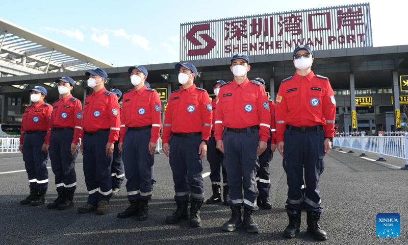 Rescuers of Shenzhen Rescue Volunteers Federation (SRVF) prepare to depart from Shenzhenwan Port in Shenzhen, south China's Guangdong Province, Feb. 9, 2023. Another 17 SRVF members carrying relief supplies headed for Türkiye on Thursday to offer assistance in quake-relief efforts.(Photo: Xinhua)