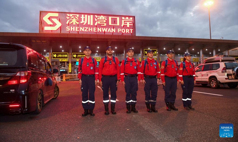 Rescuers of Shenzhen Rescue Volunteers Federation prepare to depart at Shenzhenwan Port in Shenzhen, south China's Guangdong Province, Feb. 8, 2023. An advance team with 6 members carrying detection and team support equipments from Shenzhen Rescue Volunteers Federation headed for Türkiye via Hong Kong on Wednesday to participate in earthquake relief efforts there.(Photo: Xinhua)