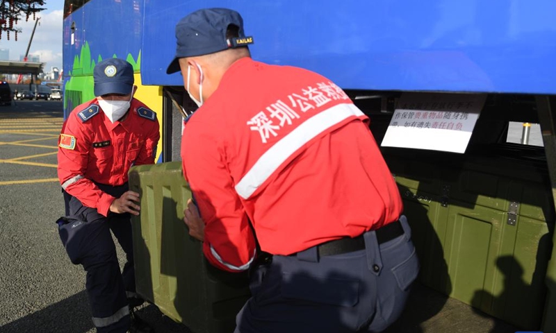 Rescuers of Shenzhen Rescue Volunteers Federation (SRVF) convey equipments before departure at Shenzhenwan Port in Shenzhen, south China's Guangdong Province, Feb. 9, 2023. Another 17 SRVF members carrying relief supplies headed for Türkiye on Thursday to offer assistance in quake-relief efforts.(Photo: Xinhua)