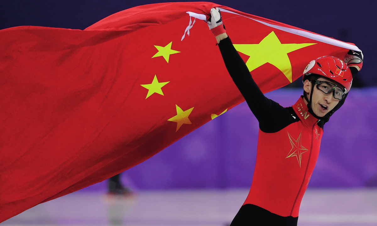 Wu Dajing celebrates after winning the men's 500-meter short-track speed skating A final at the Pyeongchang 2018 Winter Games. File photo: VCG