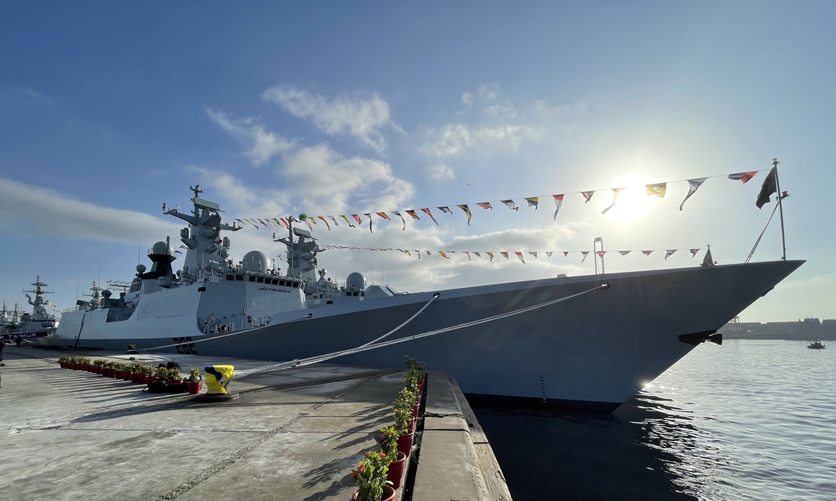 The AMAN-23 multinational maritime exercise hosted by the Pakistan Navy kicks off on February 10, 2023 in Karachi, Pakistan. The PNS <em>Taimur</em>, a Type 054A/P guided missile frigate China built for Pakistan, is moored next to the opening ceremony venue. Photo: Liu Xuanzun/GT