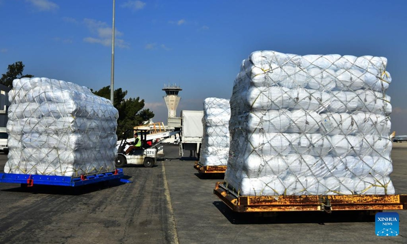 A batch of humanitarian aid from China is transferred at Damascus international airport in Damascus, capital of Syria, on Feb. 15, 2023.(Photo: Xinhua)